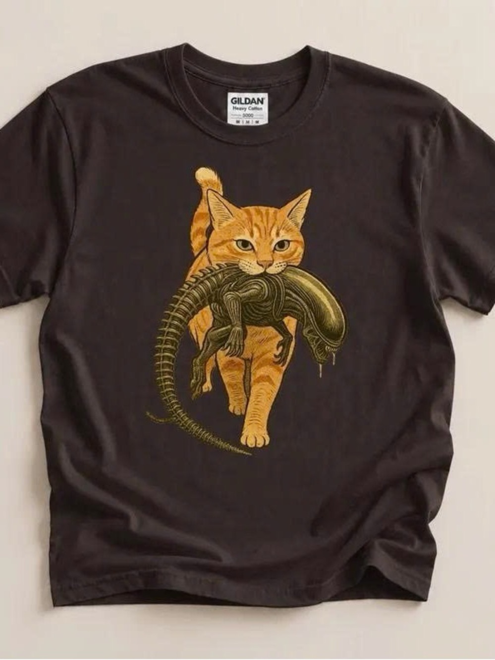 Black Tee with Orange Cat and Green Alien Graphic